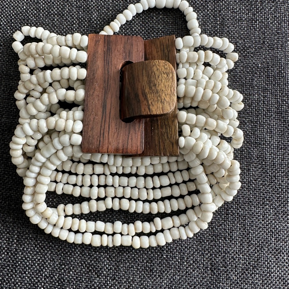 Elegant White Beaded Clutch with Wooden Accent